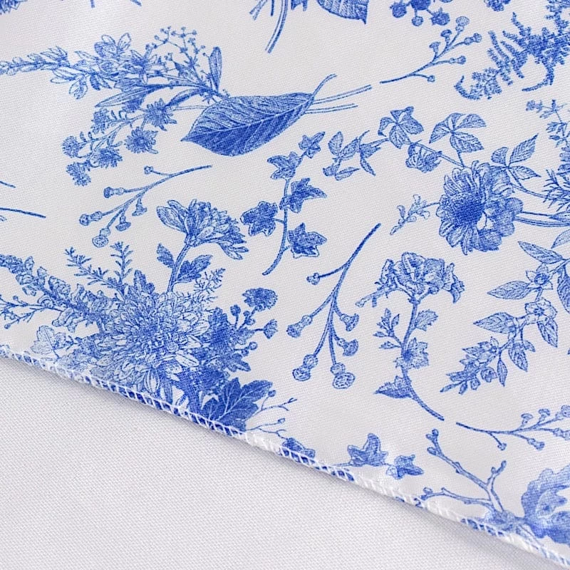 90x156 In White Satin Rectangle Tablecloth With Blue Floral Print - Image 10