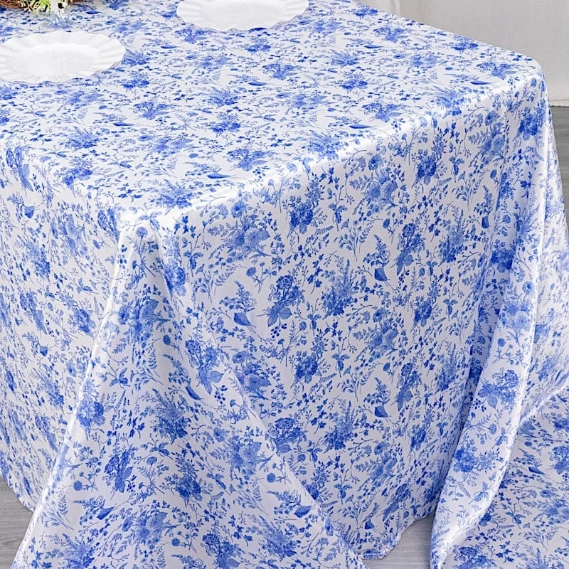 90x156 In White Satin Rectangle Tablecloth With Blue Floral Print - Image 8