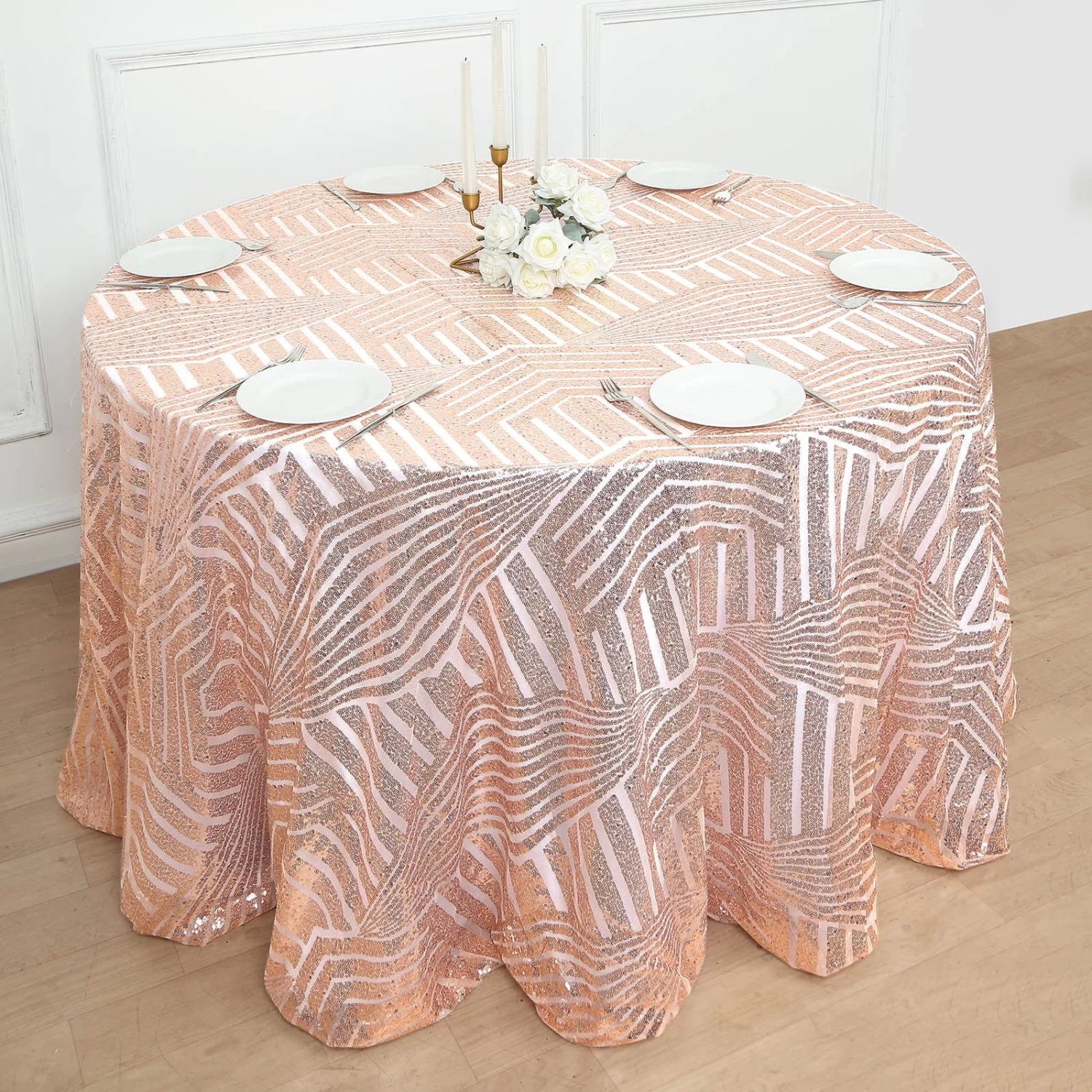 120 In Sequined Geometric Design Tulle Round Tablecloth - Image 6