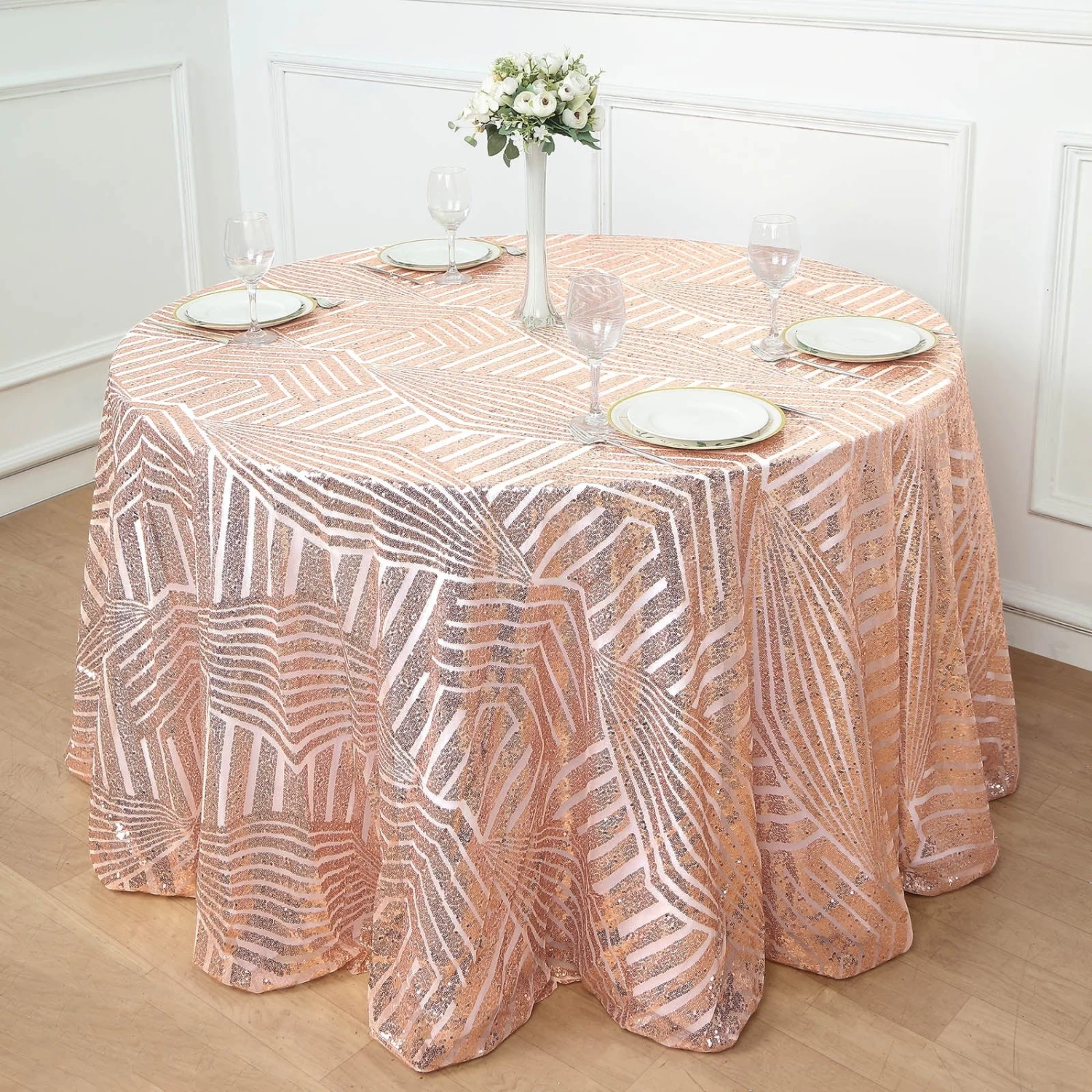 120 In Sequined Geometric Design Tulle Round Tablecloth - Image 5