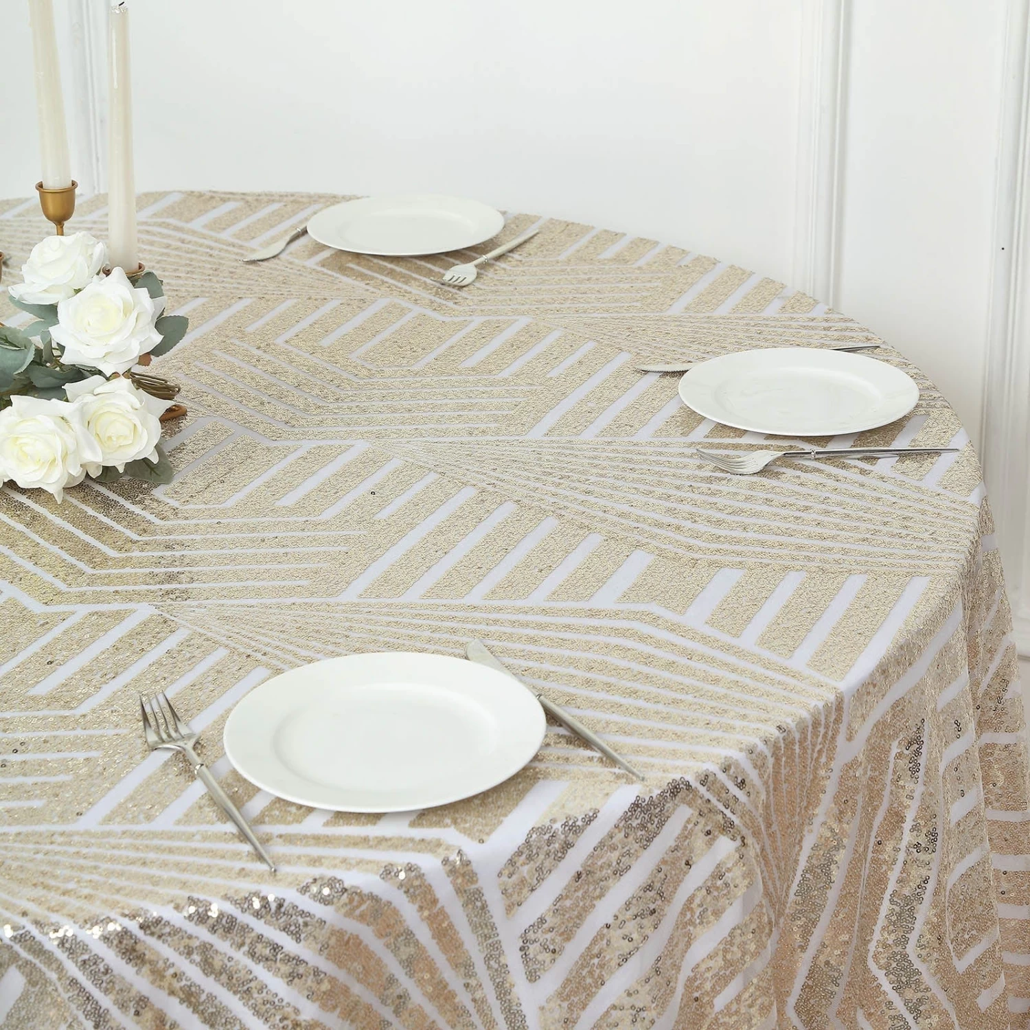 120 In Sequined Geometric Design Tulle Round Tablecloth - Image 15