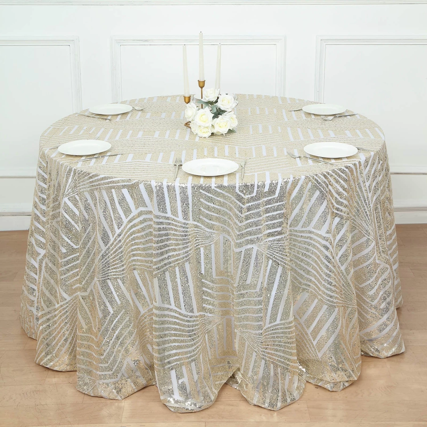 120 In Sequined Geometric Design Tulle Round Tablecloth - Image 11