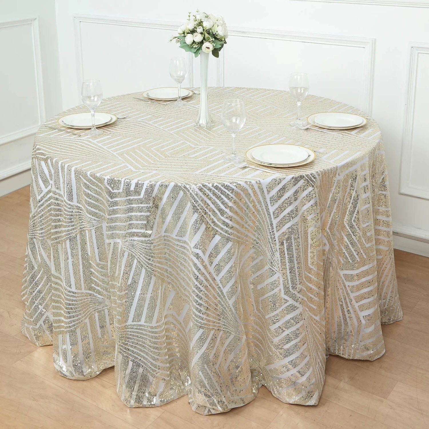 120 In Sequined Geometric Design Tulle Round Tablecloth - Image 14