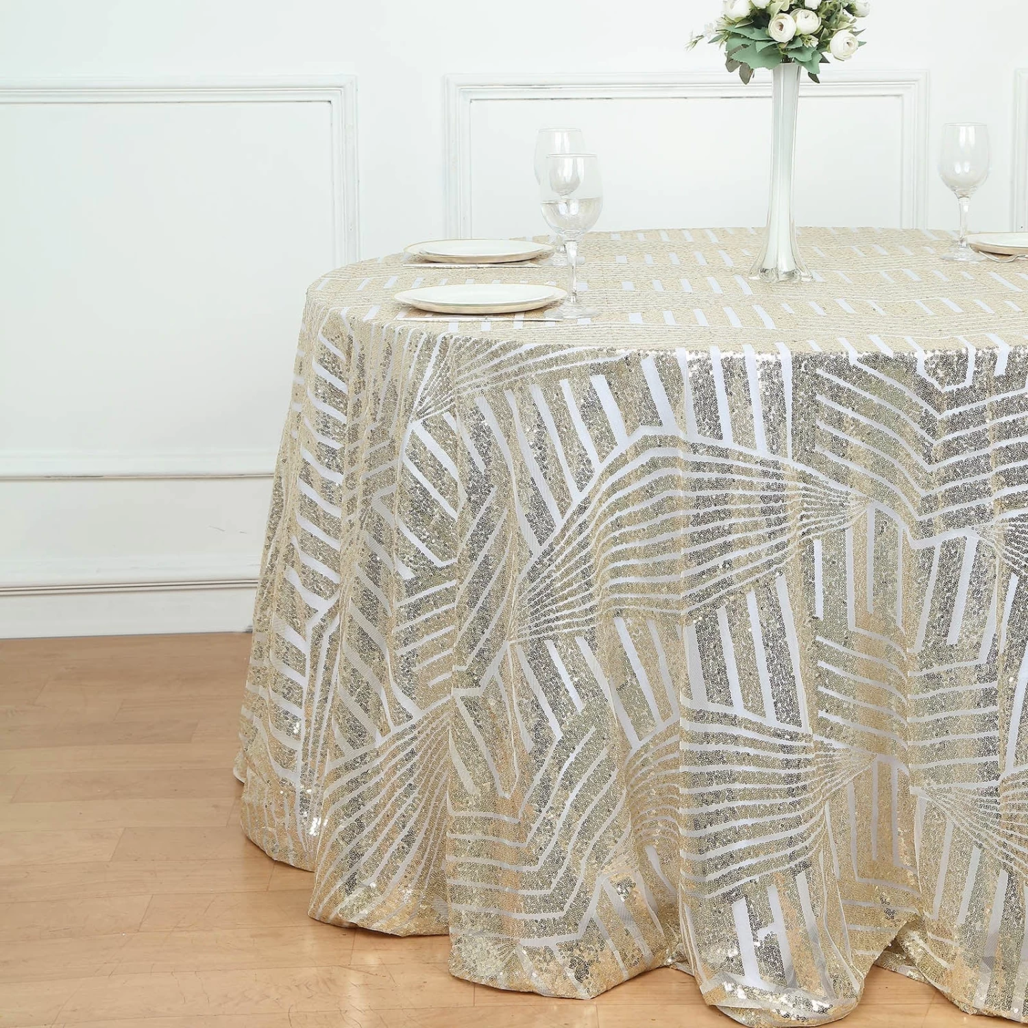 120 In Sequined Geometric Design Tulle Round Tablecloth - Image 13