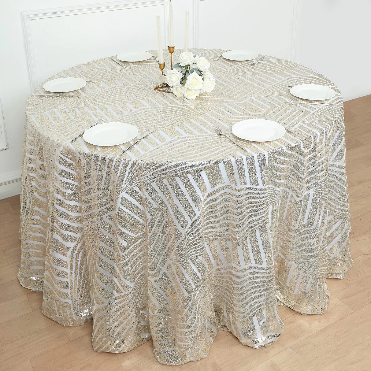 120 In Sequined Geometric Design Tulle Round Tablecloth - Image 16