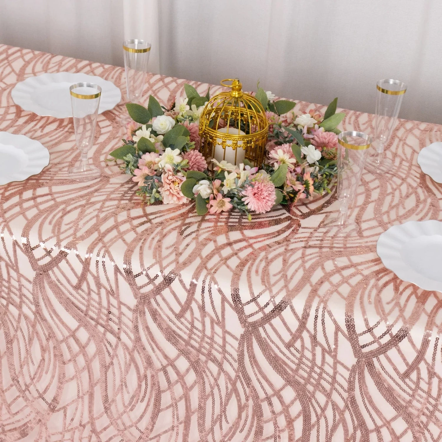 90x156 In Wavy Sequined Mesh Rectangle Tablecloth - Image 6