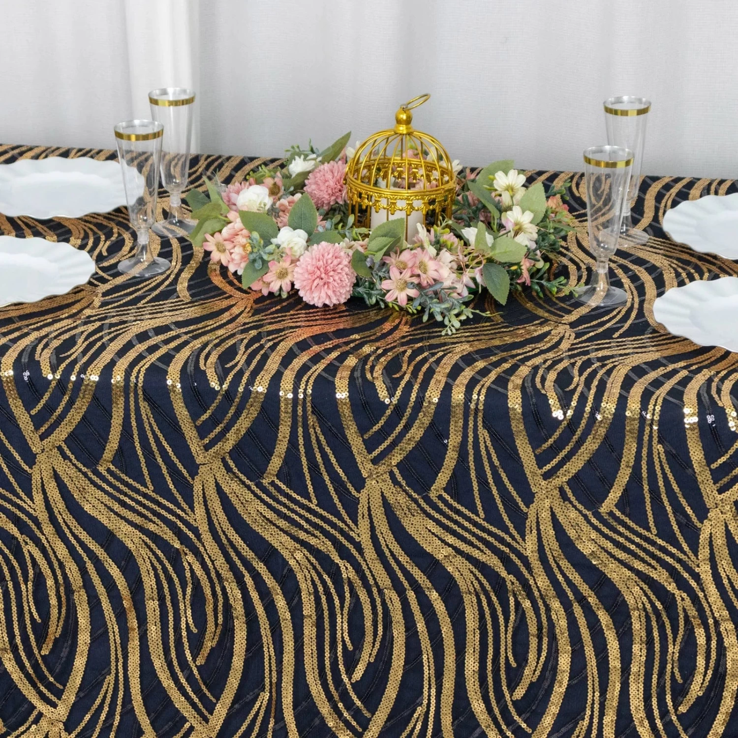 90x156 In Wavy Sequined Mesh Rectangle Tablecloth - Image 18