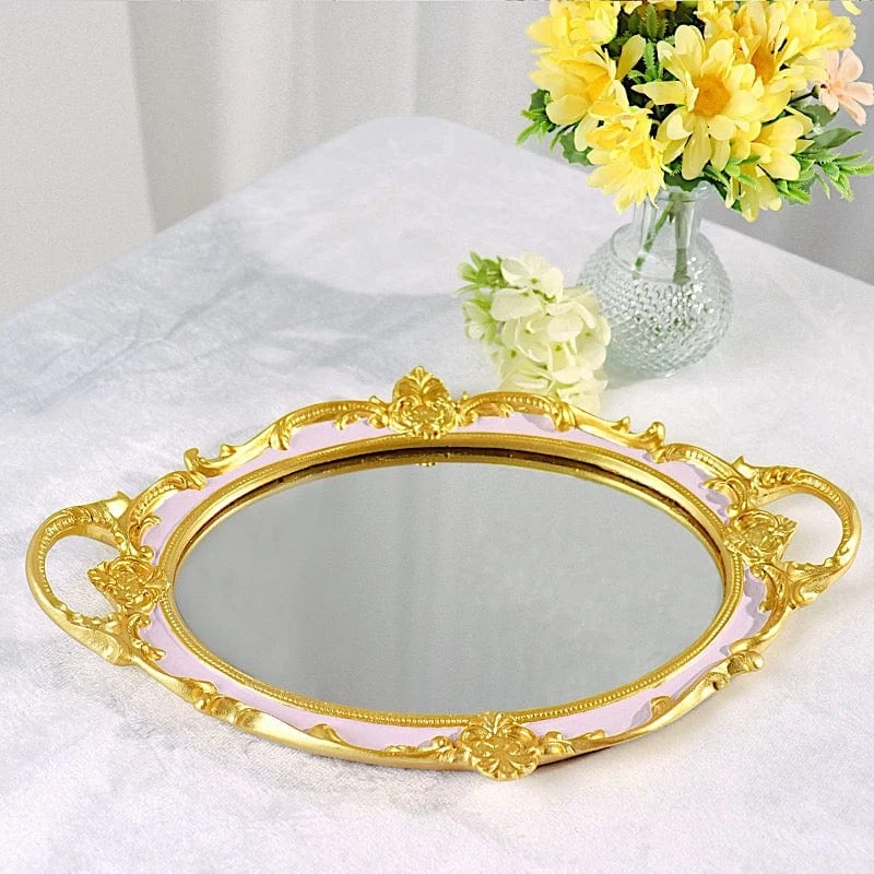 14x10 In Metallic Oval Mirror Serving Tray With Handles - Image 3
