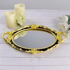 14x10 In Metallic Oval Mirror Serving Tray With Handles