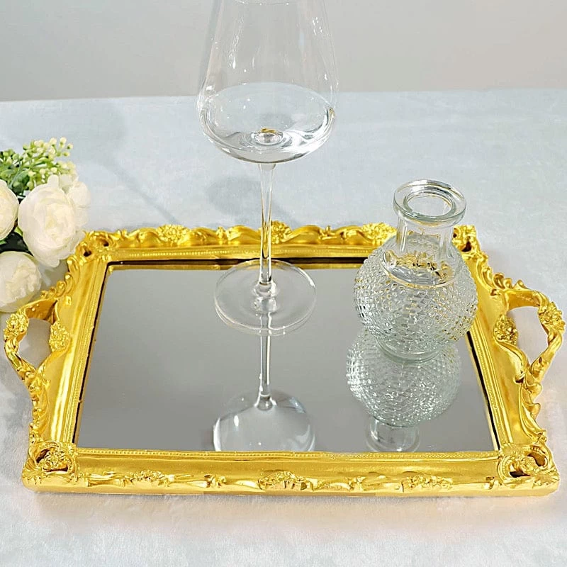 15x10 In Metallic Rectangle Mirror Serving Tray With Handles - Image 2