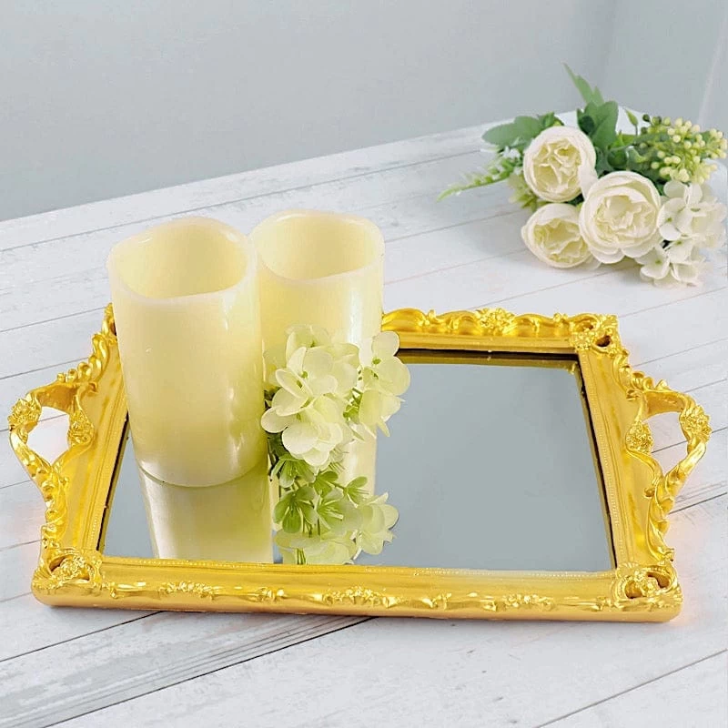 15x10 In Metallic Rectangle Mirror Serving Tray With Handles - Image 3