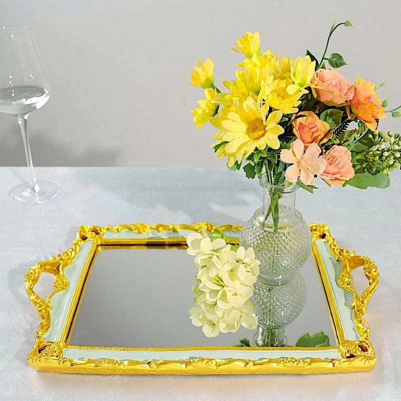 15x10 In Metallic Rectangle Mirror Serving Tray With Handles - Image 14