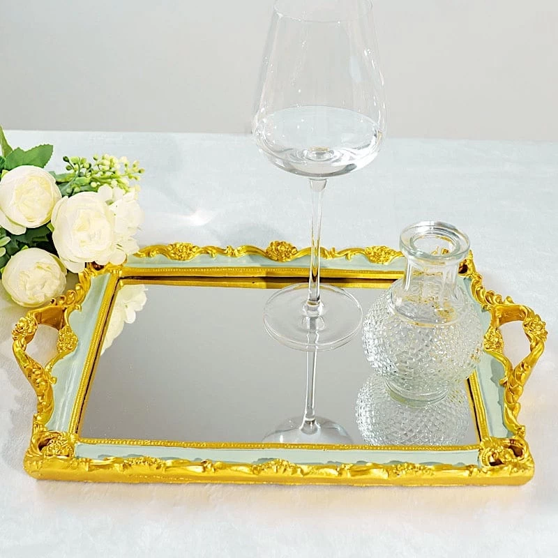 15x10 In Metallic Rectangle Mirror Serving Tray With Handles - Image 15