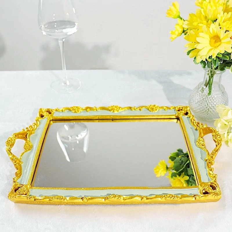 15x10 In Metallic Rectangle Mirror Serving Tray With Handles - Image 16