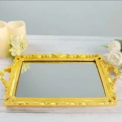15x10 In Metallic Rectangle Mirror Serving Tray With Handles