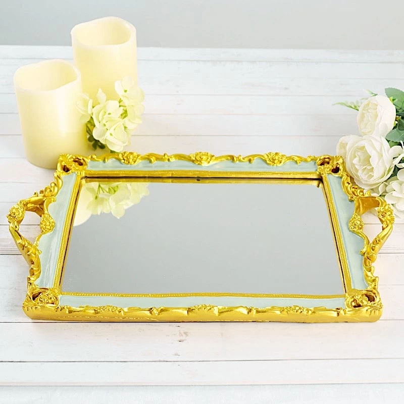 15x10 In Metallic Rectangle Mirror Serving Tray With Handles - Image 10