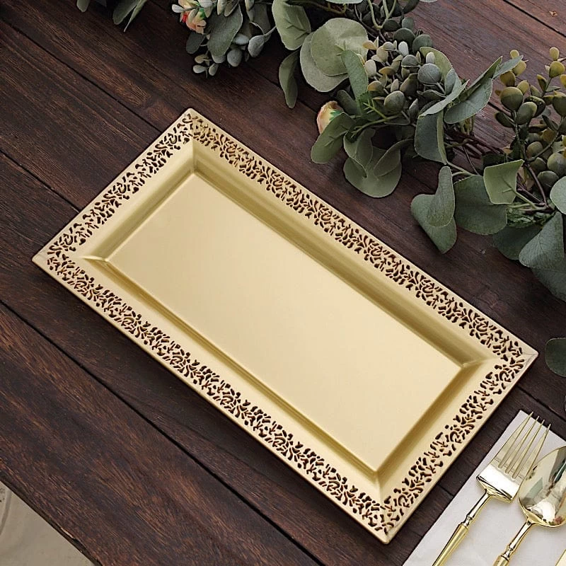 4 Rectangular 14 In Plastic Serving Trays With Lace Print Rim Design - Image 15