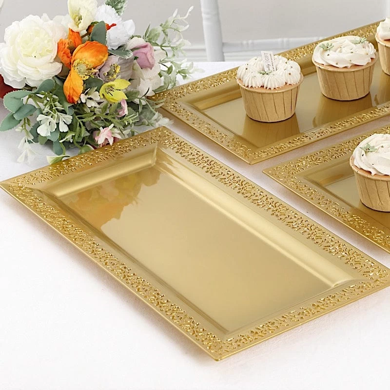 4 Rectangular 14 In Plastic Serving Trays With Lace Print Rim Design - Image 12