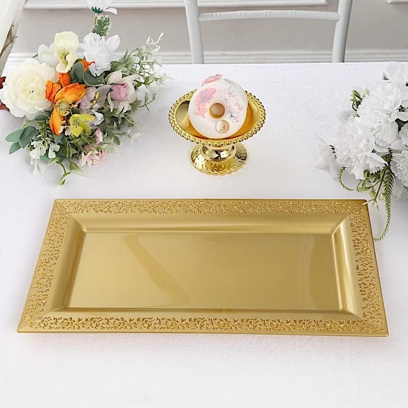 4 Rectangular 14 In Plastic Serving Trays With Lace Print Rim Design - Image 10
