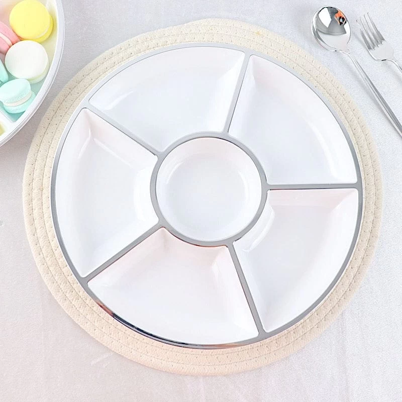 4 White With Silver Trim 12 In Round Serving Trays With Food Compartments - Image 8