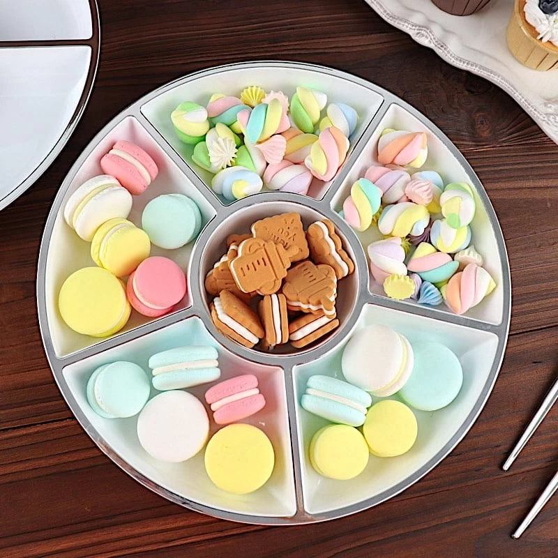 4 White With Silver Trim 12 In Round Serving Trays With Food Compartments - Image 5