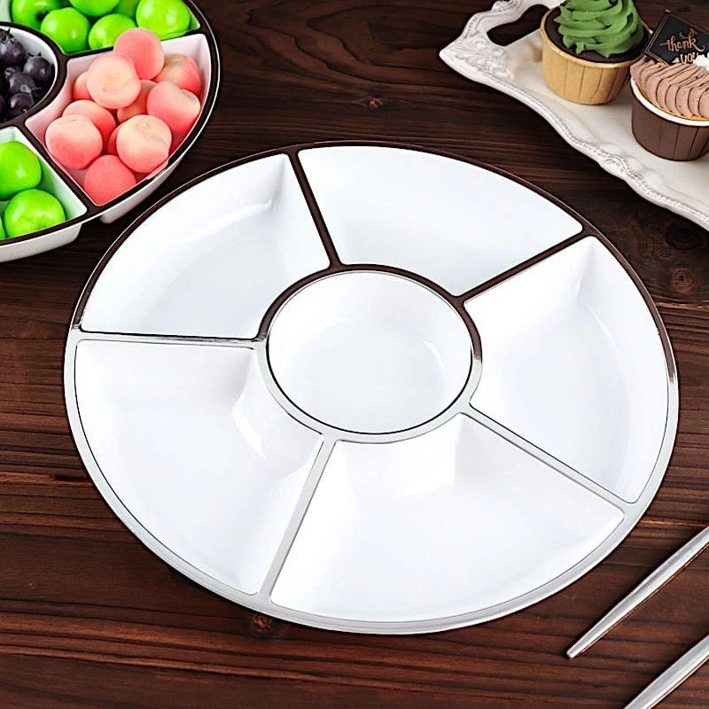 4 White With Silver Trim 12 In Round Serving Trays With Food Compartments