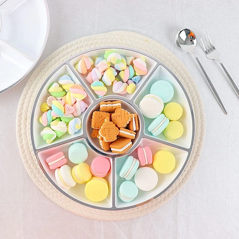 4 White With Silver Trim 12 In Round Serving Trays With Food Compartments - Image 9