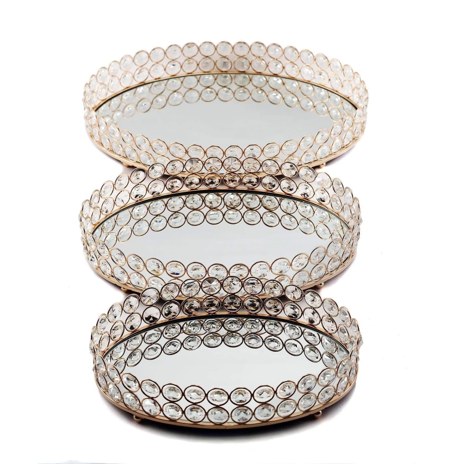 Gold Oval Metal With Crystal Beads Mirror Serving Tray - Image 6