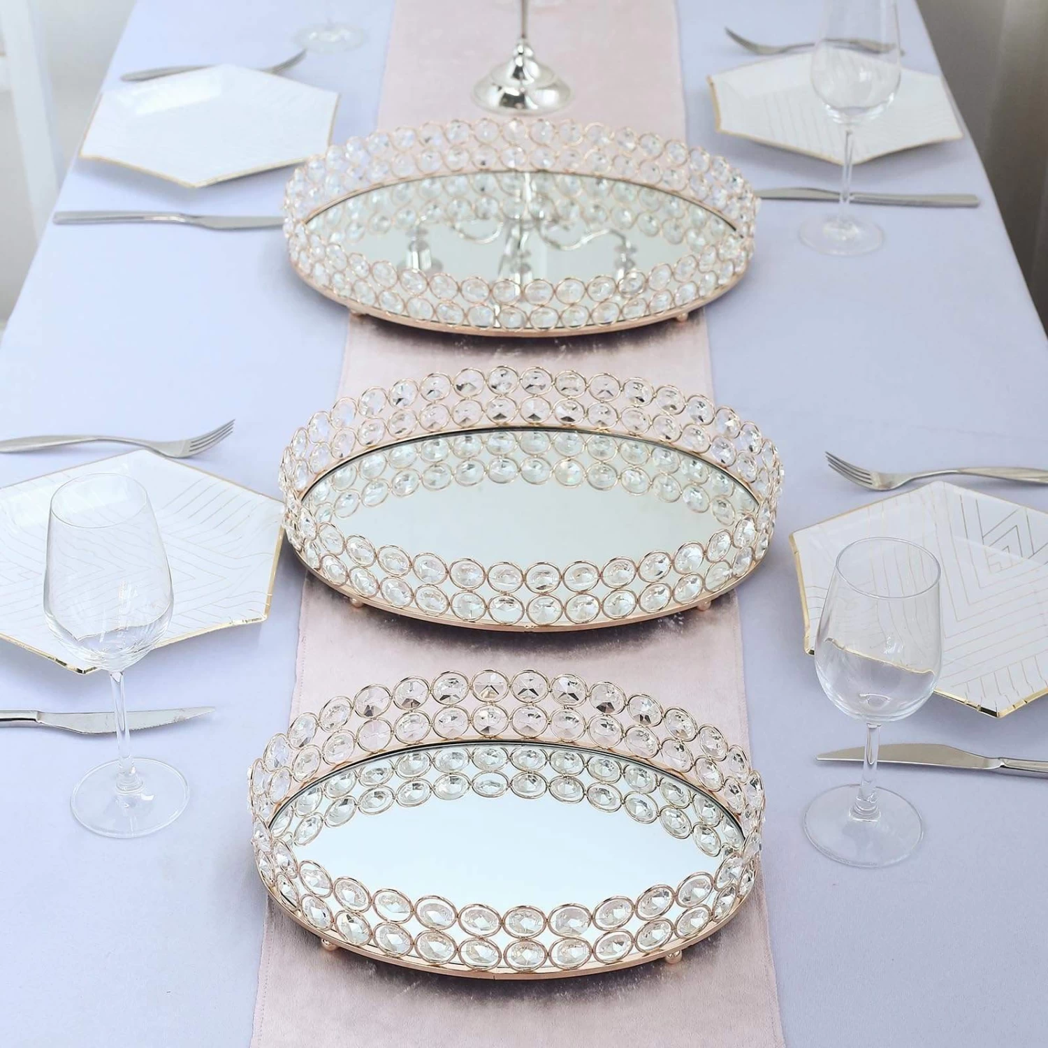 Gold Oval Metal With Crystal Beads Mirror Serving Tray - Image 8