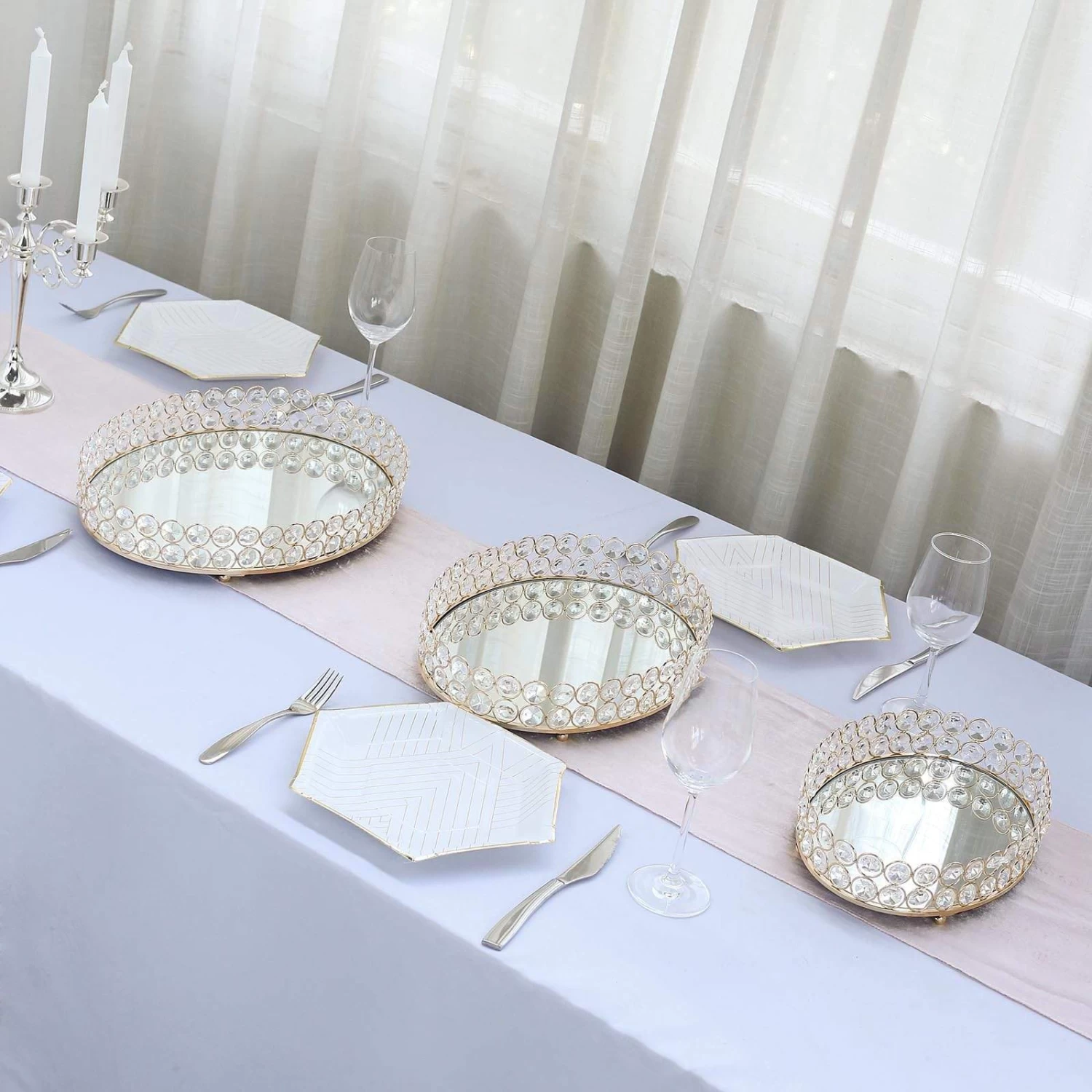 Gold Oval Metal With Crystal Beads Mirror Serving Tray - Image 9