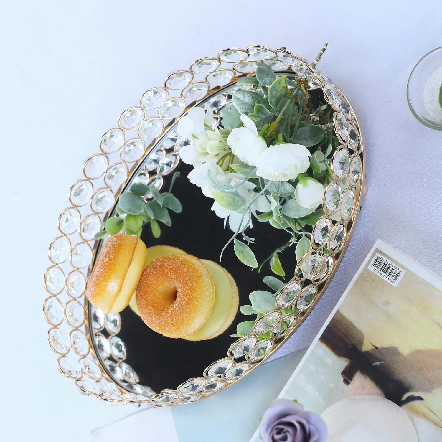 Gold Oval Metal With Crystal Beads Mirror Serving Tray - Image 11