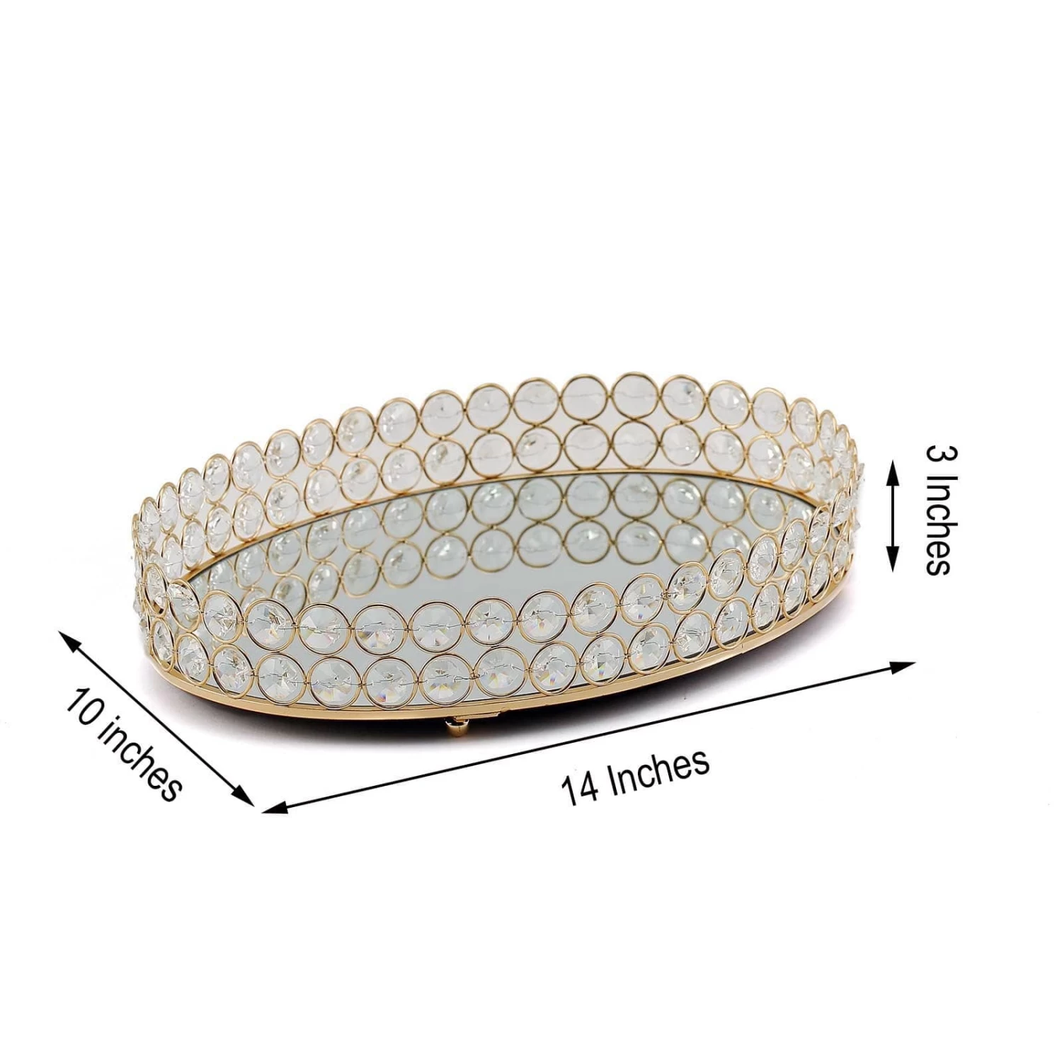 Gold Oval Metal With Crystal Beads Mirror Serving Tray - Image 15