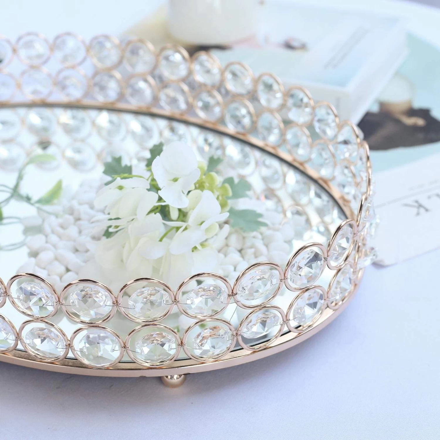 Gold Oval Metal With Crystal Beads Mirror Serving Tray - Image 17