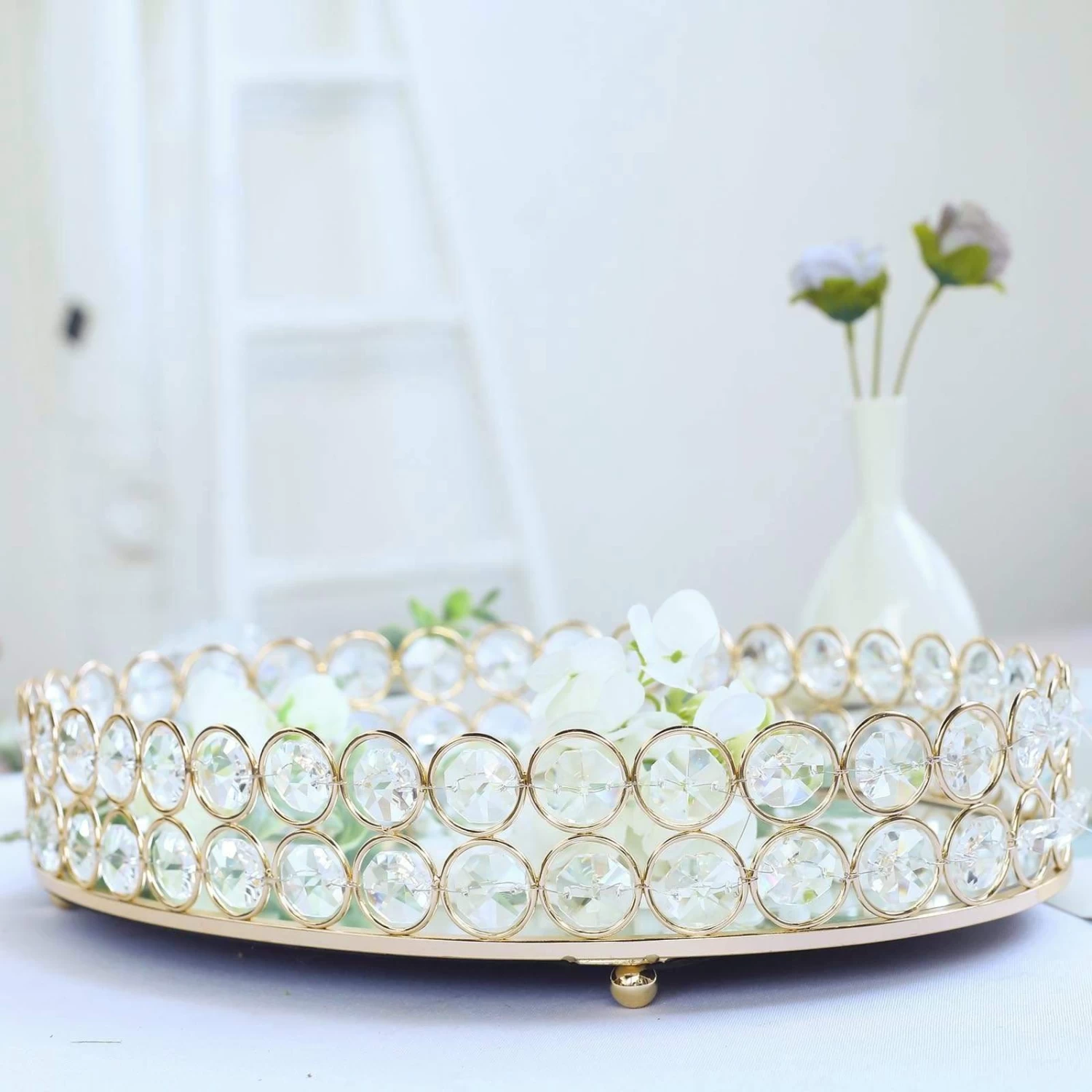 Gold Oval Metal With Crystal Beads Mirror Serving Tray - Image 19