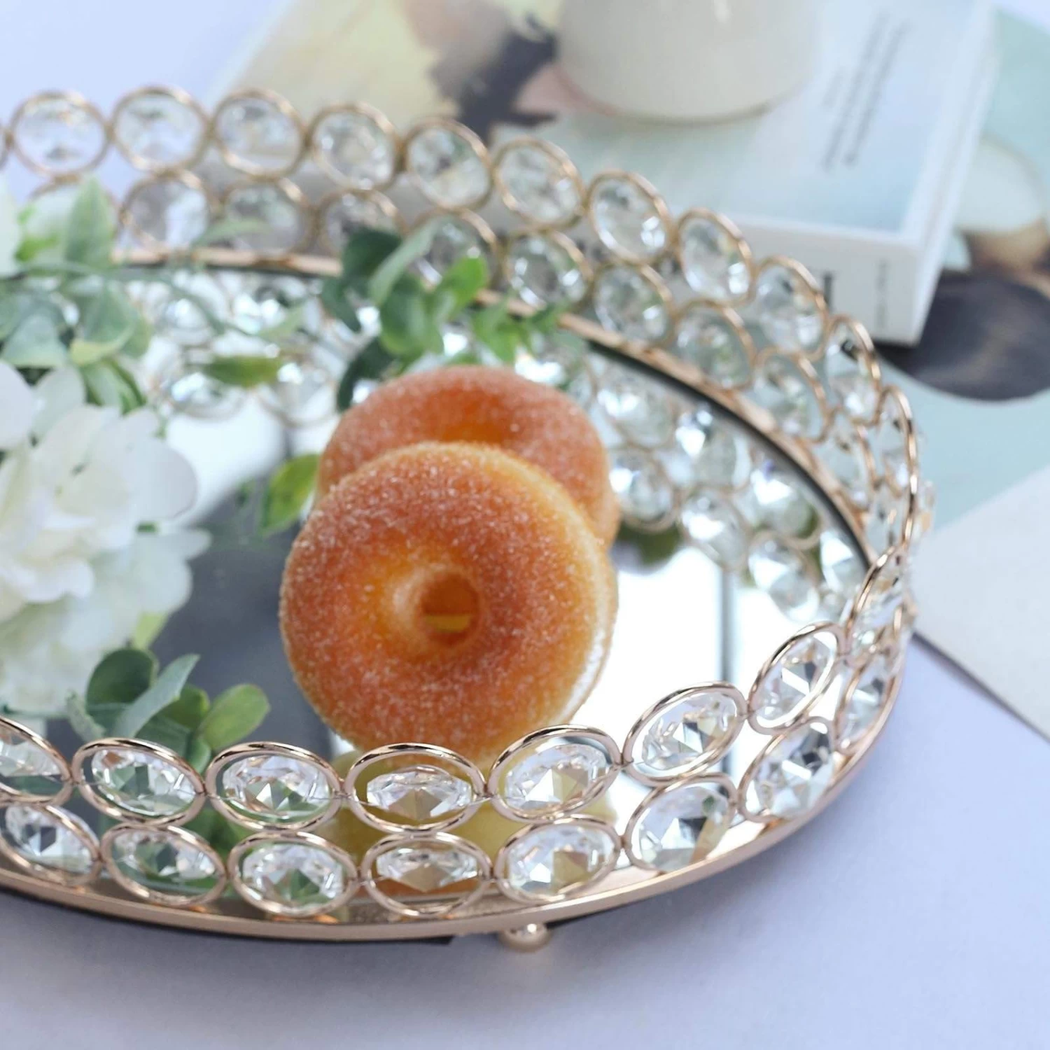 Gold Oval Metal With Crystal Beads Mirror Serving Tray