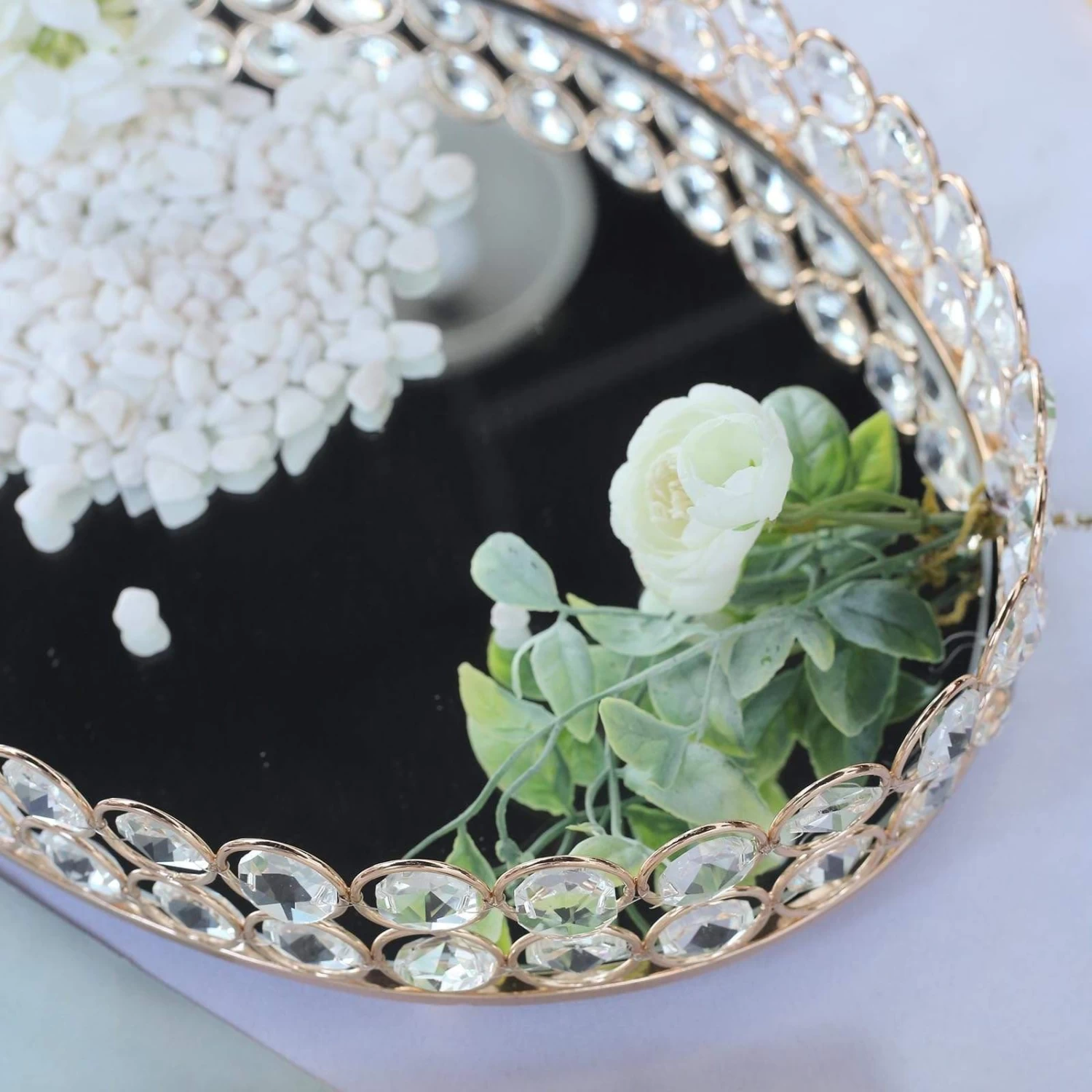 Gold Oval Metal With Crystal Beads Mirror Serving Tray - Image 12