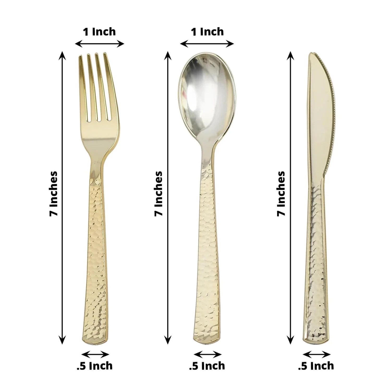 24 Metallic 7 In Disposable Plastic Cutlery Hammered Design Spoons Forks And Knives Set - Image 2