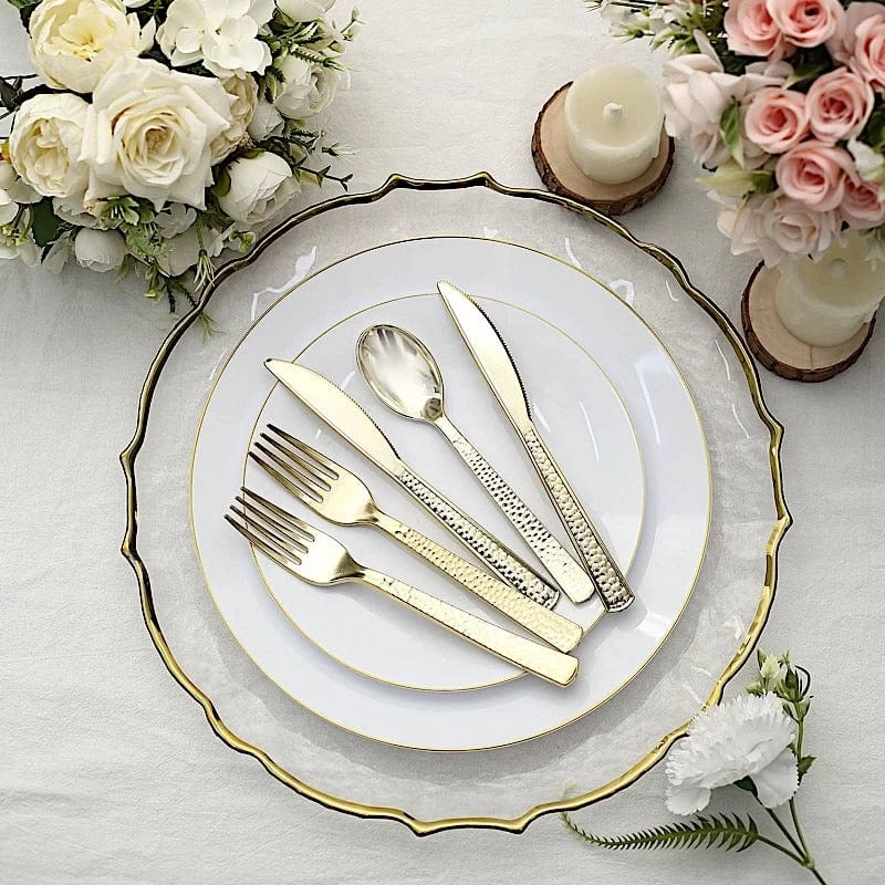 24 Metallic 7 In Disposable Plastic Cutlery Hammered Design Spoons Forks And Knives Set - Image 6