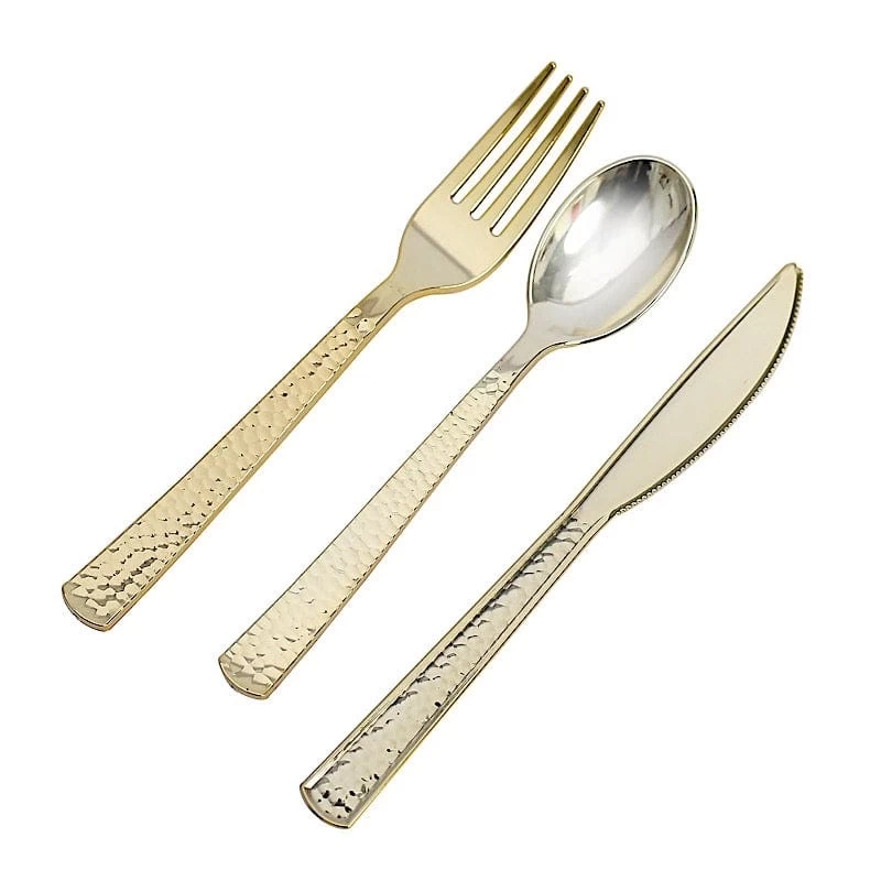 24 Metallic 7 In Disposable Plastic Cutlery Hammered Design Spoons Forks And Knives Set - Image 4