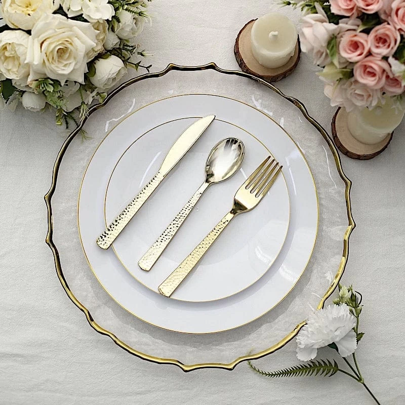 24 Metallic 7 In Disposable Plastic Cutlery Hammered Design Spoons Forks And Knives Set - Image 7