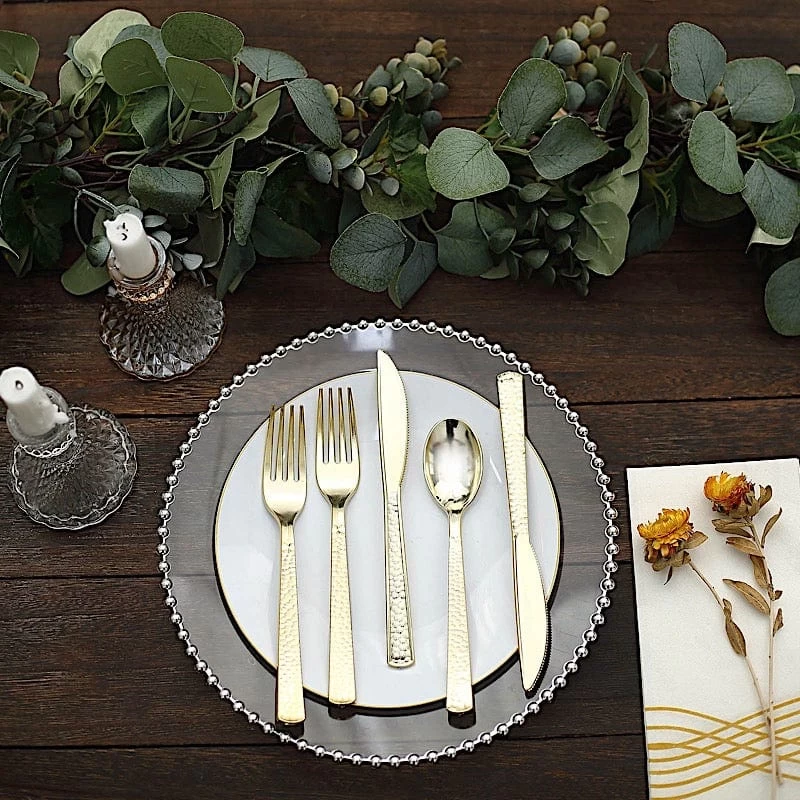 24 Metallic 7 In Disposable Plastic Cutlery Hammered Design Spoons Forks And Knives Set - Image 5