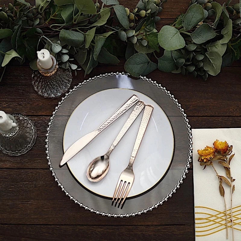 24 Metallic 7 In Disposable Plastic Cutlery Hammered Design Spoons Forks And Knives Set - Image 20