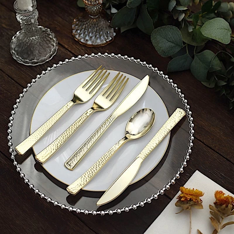 24 Metallic 7 In Disposable Plastic Cutlery Hammered Design Spoons Forks And Knives Set - Image 3