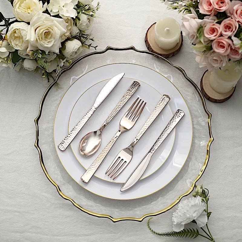 24 Metallic 7 In Disposable Plastic Cutlery Hammered Design Spoons Forks And Knives Set - Image 12