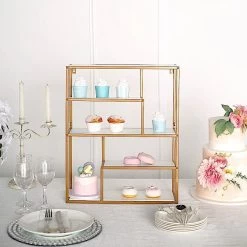 22 In Gold 4 Tier Rectangle Metal Geometric Hanging Shelf With White Wood