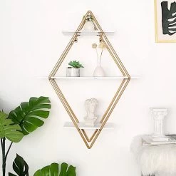 31 In Gold 3 Tier Diamond Metal Geometric Hanging Shelf With White Wood