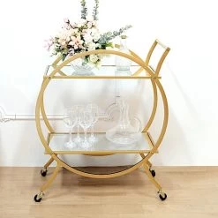2.5 Feet Gold 2-Tier Round Metal Bar Cart With Mirror Glass Serving Trays