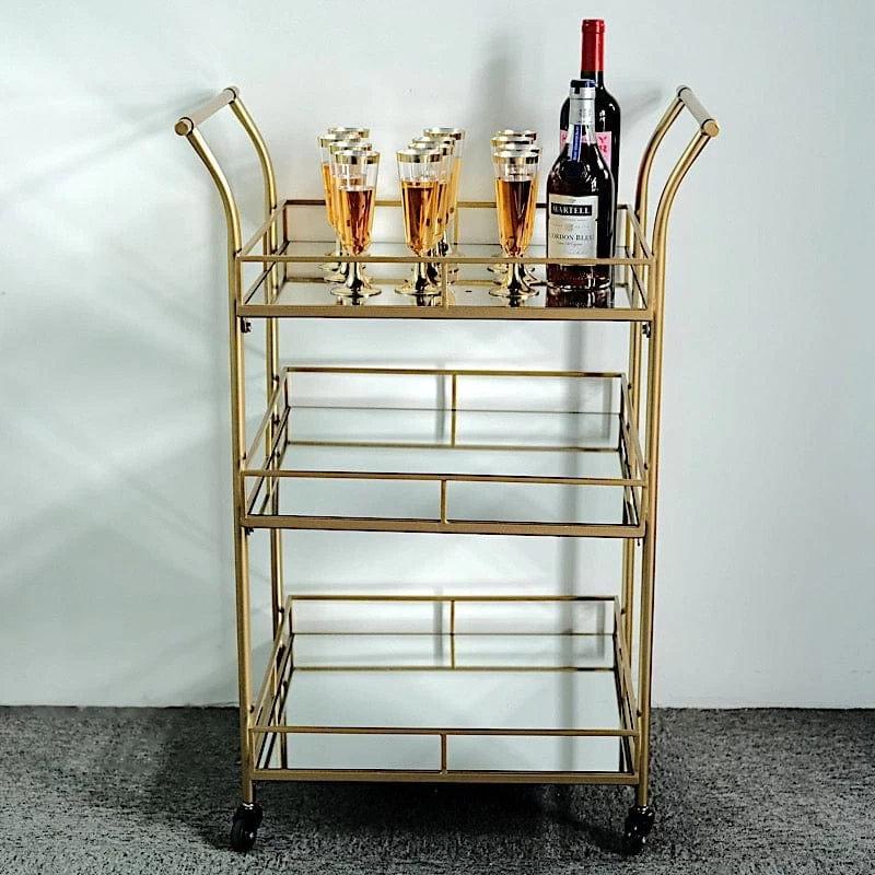 3 Feet Gold 3-Tier Rectangle Metal Bar Cart With Mirror Glass Serving Trays - Image 6
