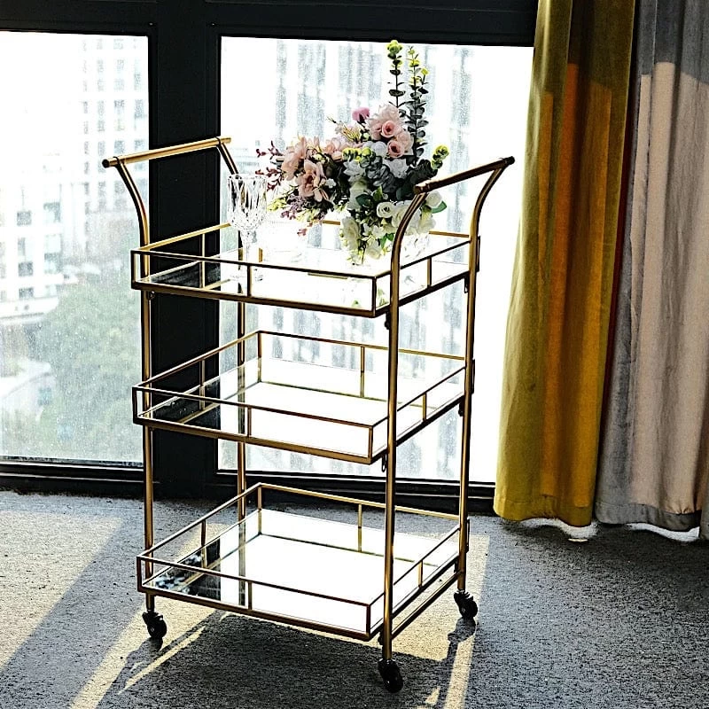 3 Feet Gold 3-Tier Rectangle Metal Bar Cart With Mirror Glass Serving Trays - Image 2
