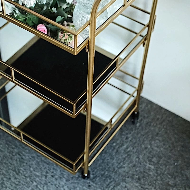 3 Feet Gold 3-Tier Rectangle Metal Bar Cart With Mirror Glass Serving Trays - Image 5